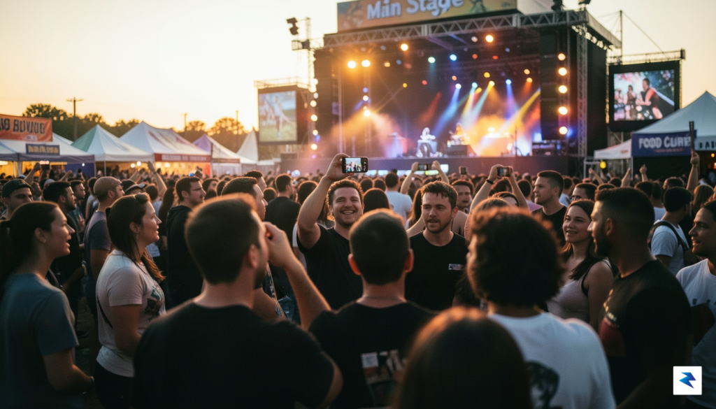 A candid, high-resolution photograph of a festival crowd at dusk,…