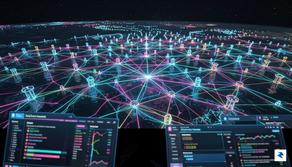 A futuristic digital landscape showing interconnected glowing nodes representing AI…
