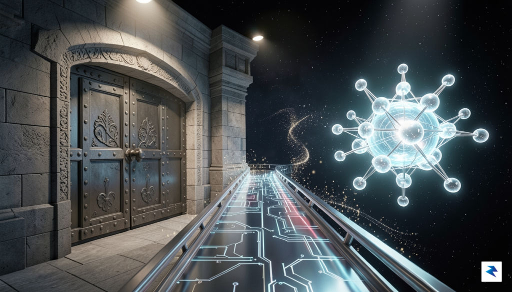 A conceptual digital visualization showing a bridge connecting a traditional…