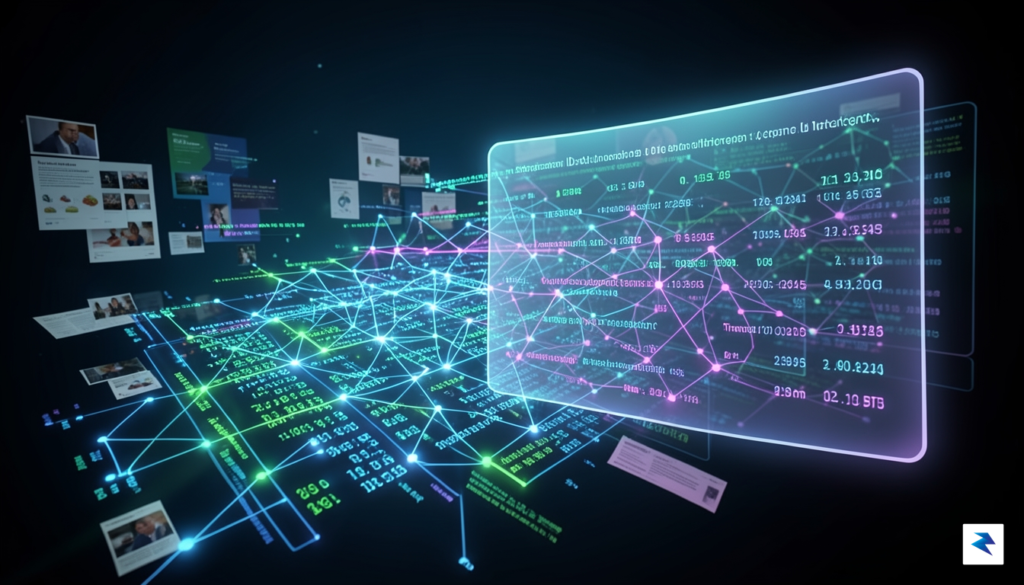 A digital illustration showing a cluttered, glowing Bitcoin blockchain ledger…