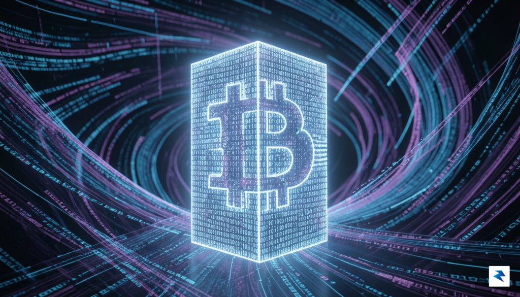 A digital illustration depicting the Bitcoin blockchain as an unbreakable,…