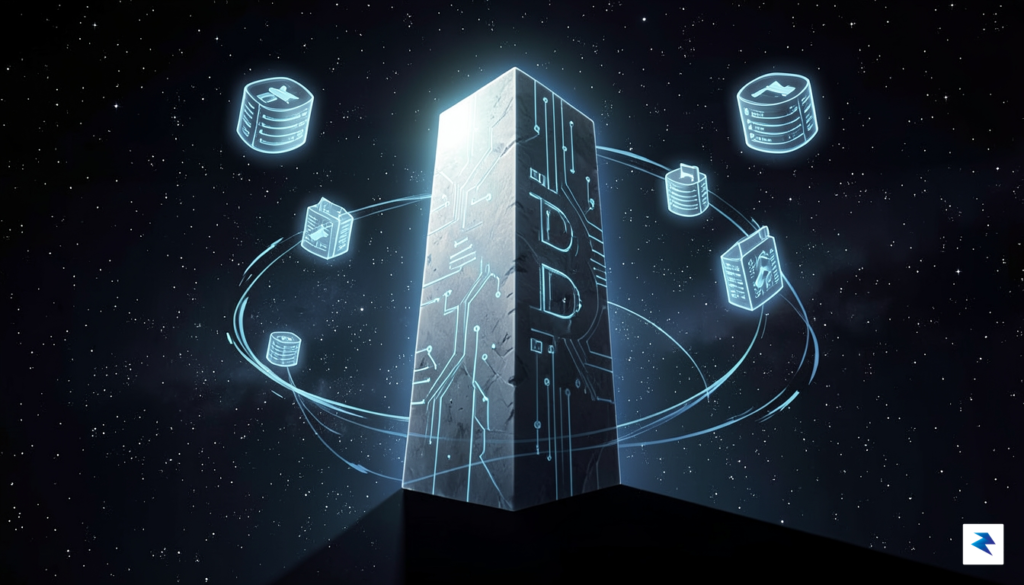 A conceptual illustration showing a digital, glowing, and indestructible stone…