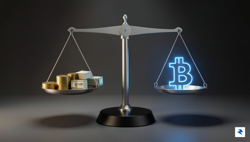 A sophisticated digital visualization showing a balance scale, with a…