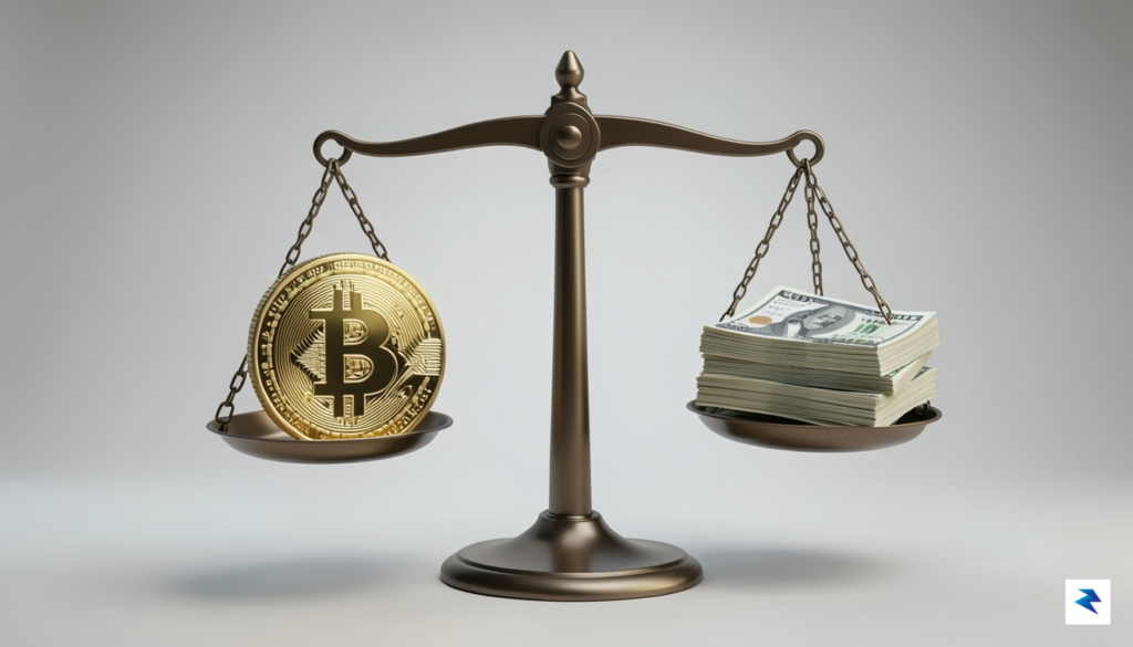 A conceptual digital illustration showing a balance scale, with a…