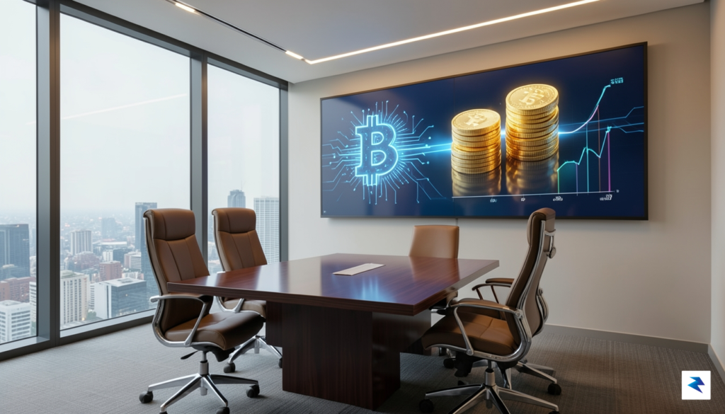 A modern, high-tech corporate office boardroom overlooking a digital dashboard…