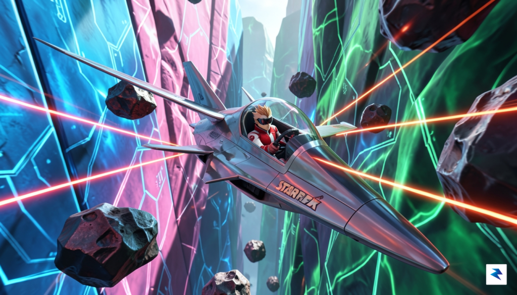 An Arwing spaceship from Star Fox 64 flying through a…