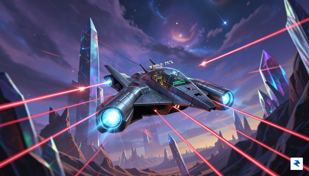 A dynamic, action-packed scene from a classic arcade rail shooter,…