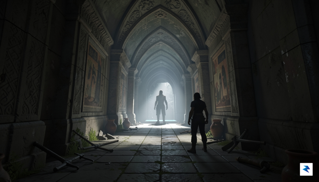 A dramatic, in-game screenshot showing a player character in a…