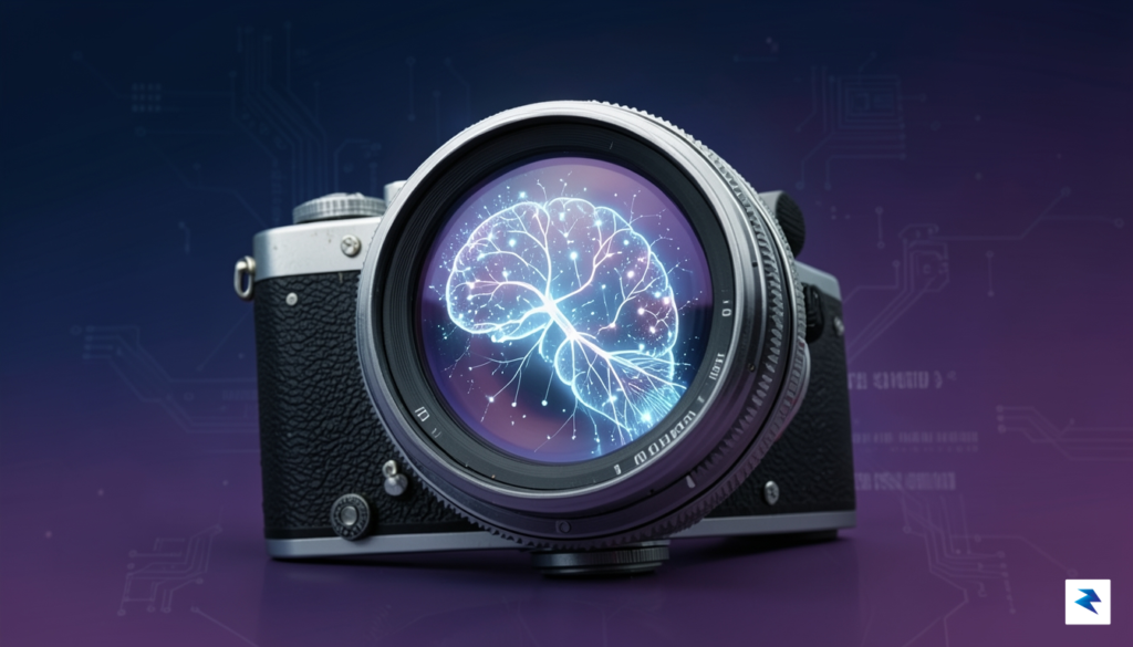 A conceptual illustration showing a film camera lens reflecting the&hellip;