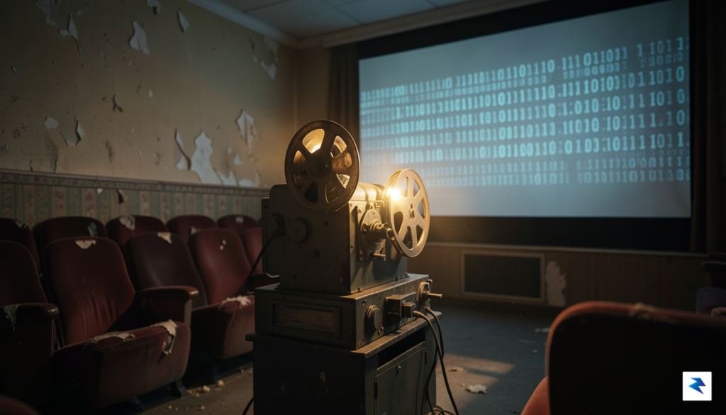 A cinematic shot of a film projector glowing in a&hellip;
