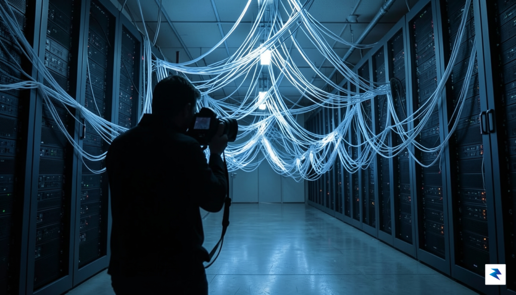 A cinematic, high-contrast shot of a dimly lit server room&hellip;