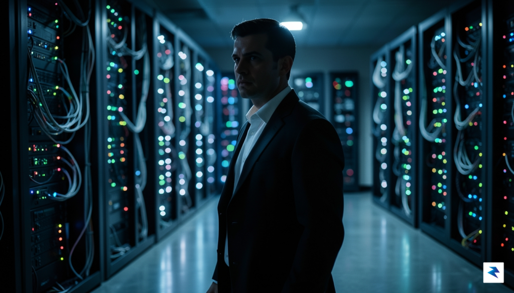 A cinematic, high-contrast portrait of a tech executive silhouetted against&hellip;