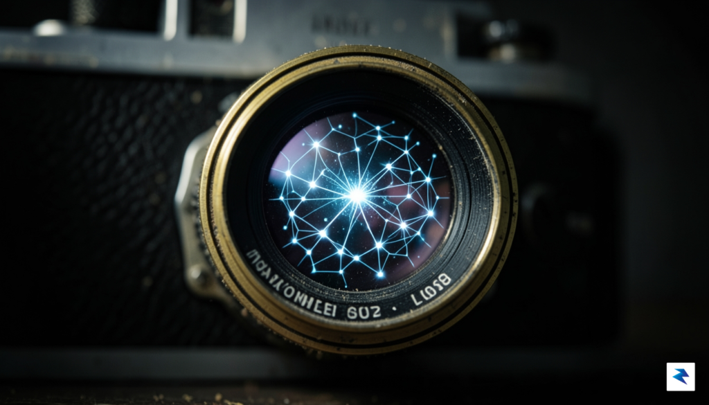 A cinematic, high-contrast shot of a vintage film camera lens&hellip;