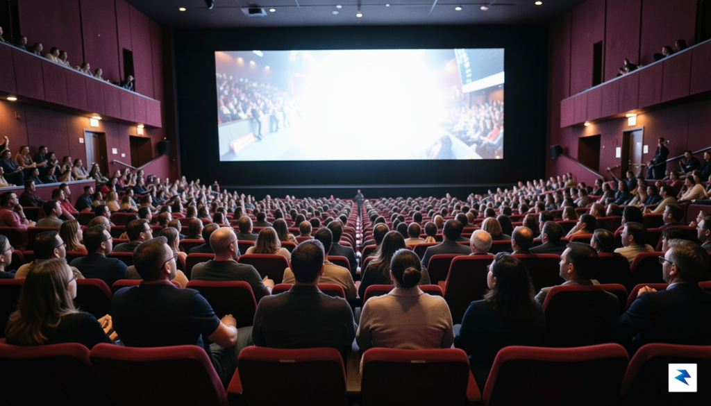 A wide, cinematic shot of a packed, modern movie theater&hellip;