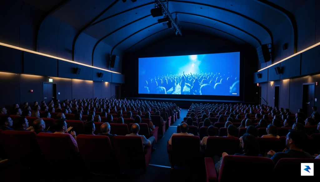 A wide shot of a packed, modern movie theater auditorium&hellip;
