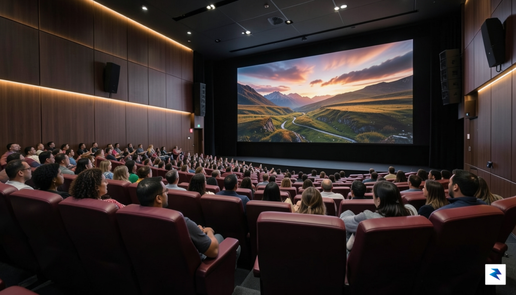 A wide-angle shot inside a crowded, modern luxury cinema with&hellip;