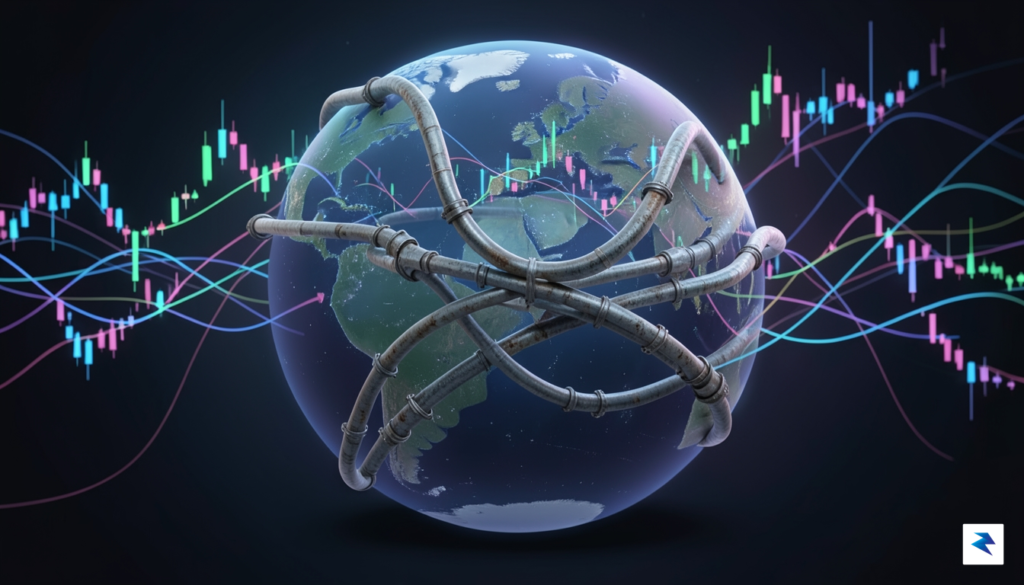 A conceptual digital illustration showing a complex network of oil&hellip;