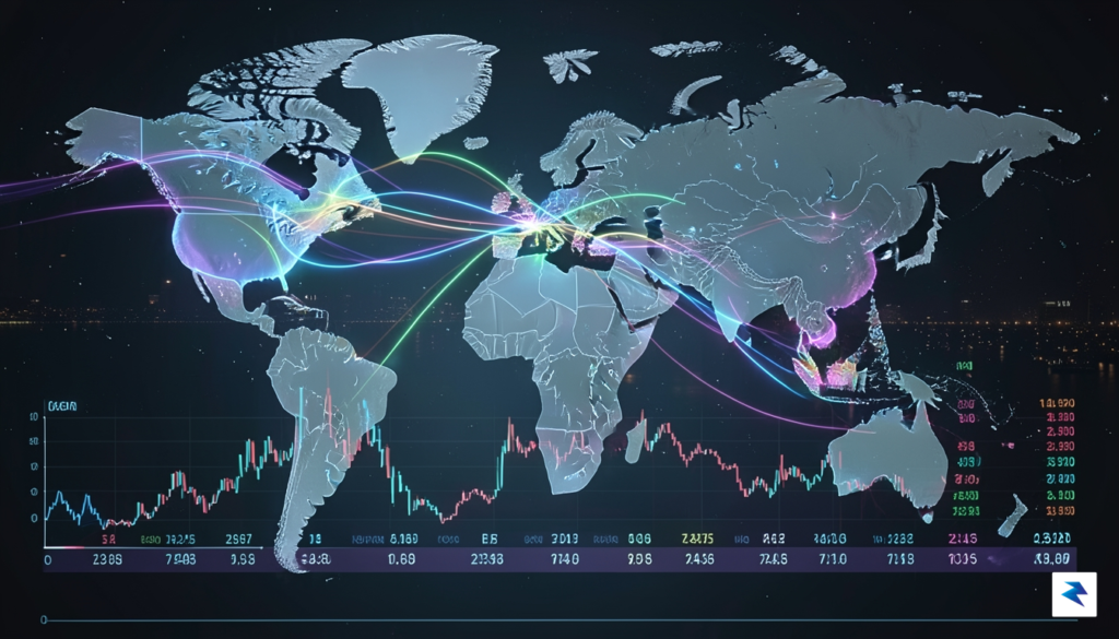 A digital visualization of a glowing, interconnected global map with&hellip;