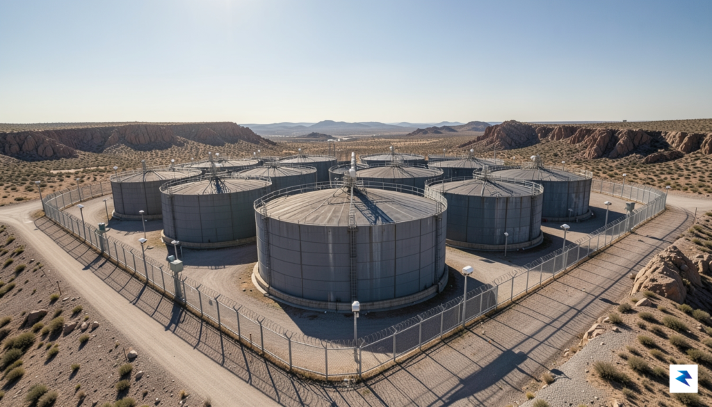A wide-angle aerial shot of a vast industrial Strategic Petroleum…