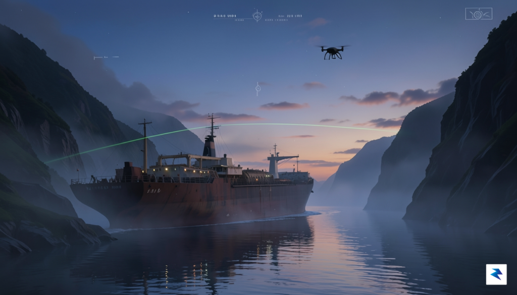 A wide-angle digital illustration showing a large oil tanker navigating…
