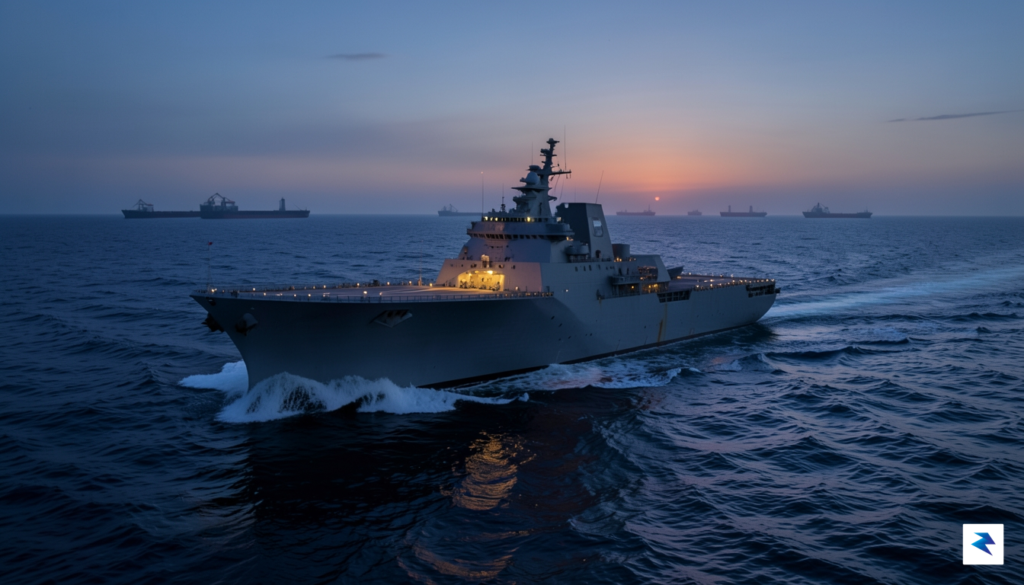 A wide-angle digital illustration showing a U.S. Navy destroyer patrolling…