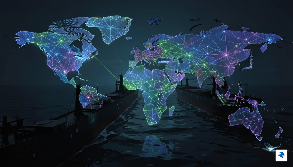 A conceptual digital illustration showing a glowing, interconnected global energy…