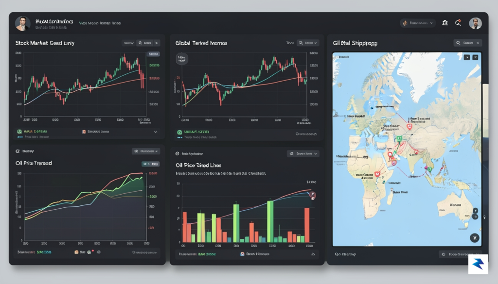 A digital dashboard display showing fluctuating stock market charts, oil…