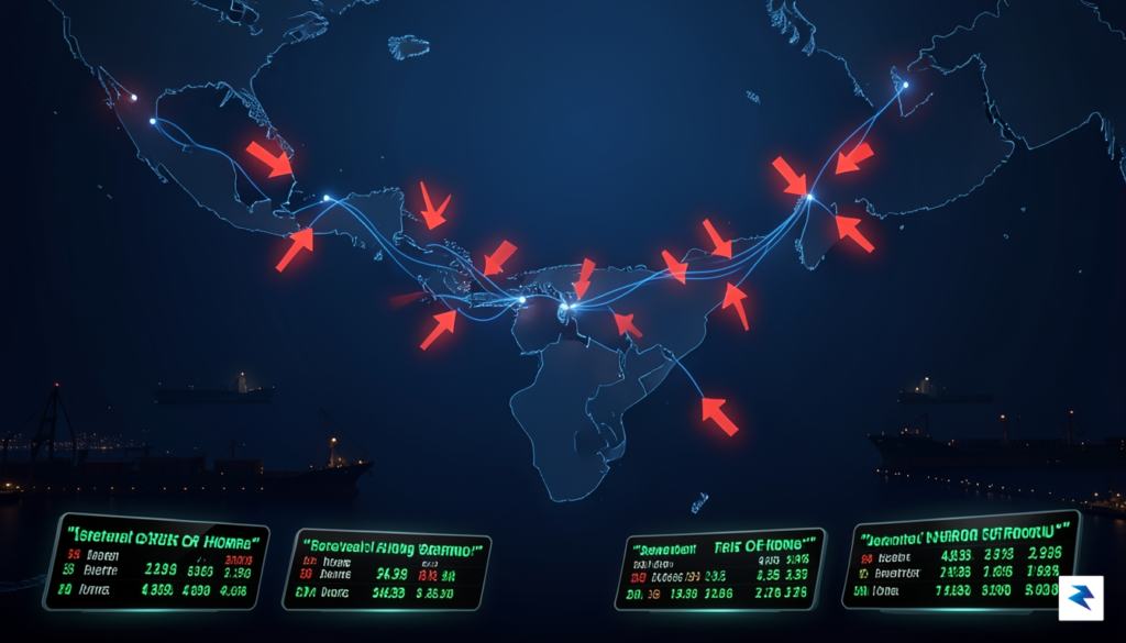 A digital data visualization map showing oil shipping routes through…