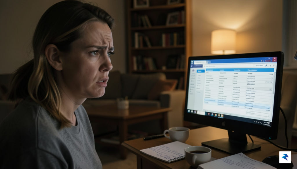 A close-up of a parent looking frustrated at a computer…