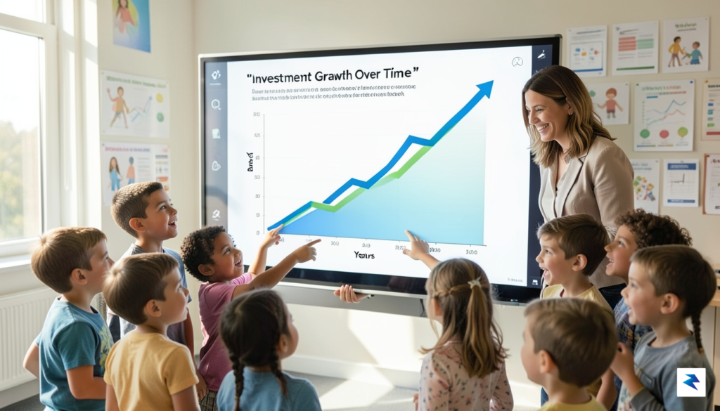 A diverse group of children looking at a digital graph…