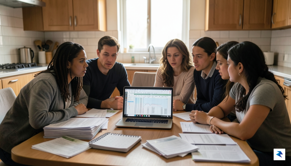 A diverse group of parents sitting at a kitchen table…