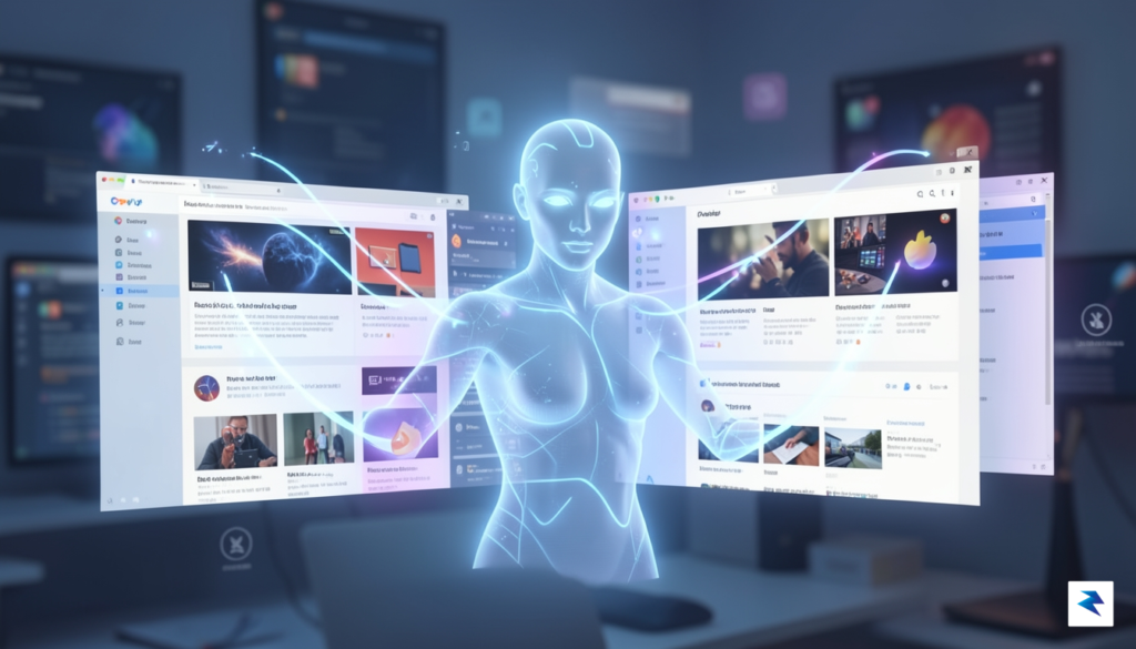 A conceptual digital illustration showing a glowing, translucent AI assistant…