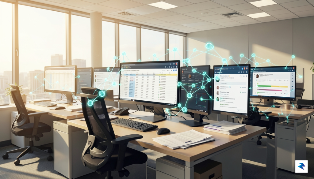 A conceptual digital illustration showing a professional office environment where…
