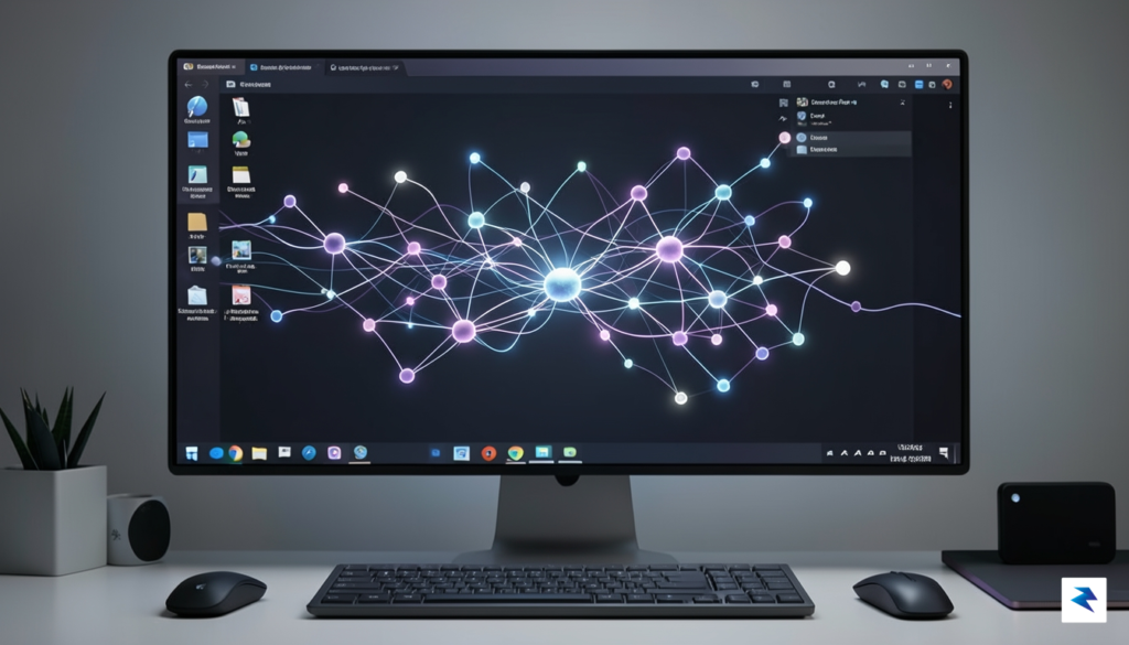 A conceptual digital illustration showing a glowing neural network structure…