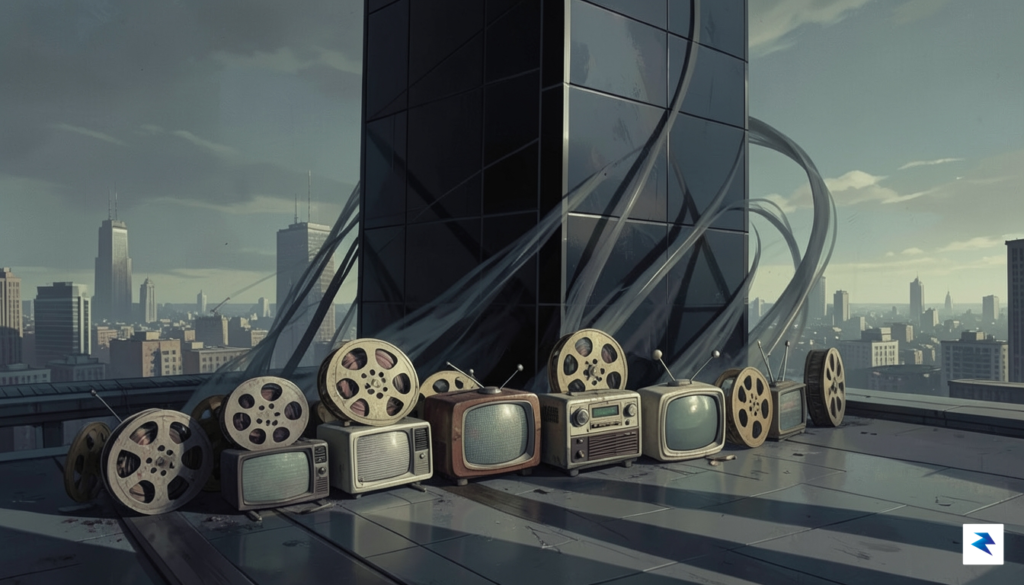 A wide-angle digital illustration showing a series of smaller film&hellip;