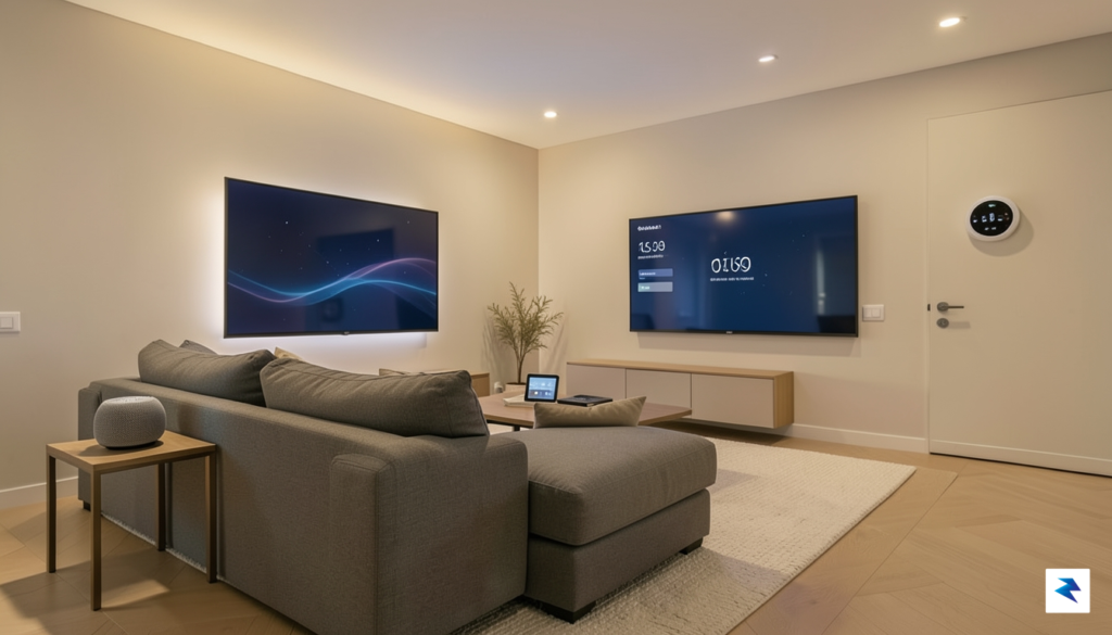 A modern, minimalist living room showing various smart home devices…