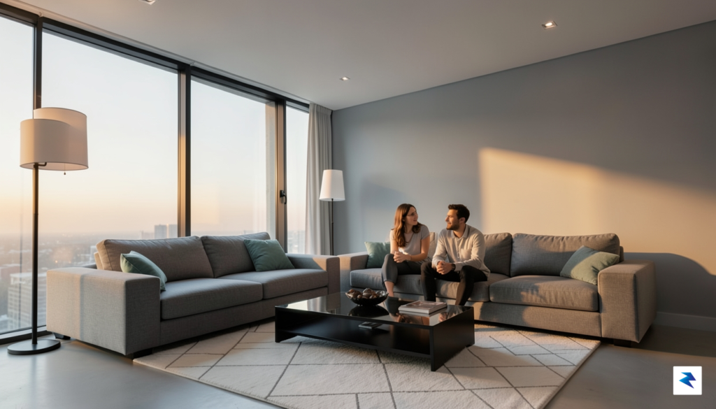 A modern, minimalist living room transitioning from cool daylight tones…