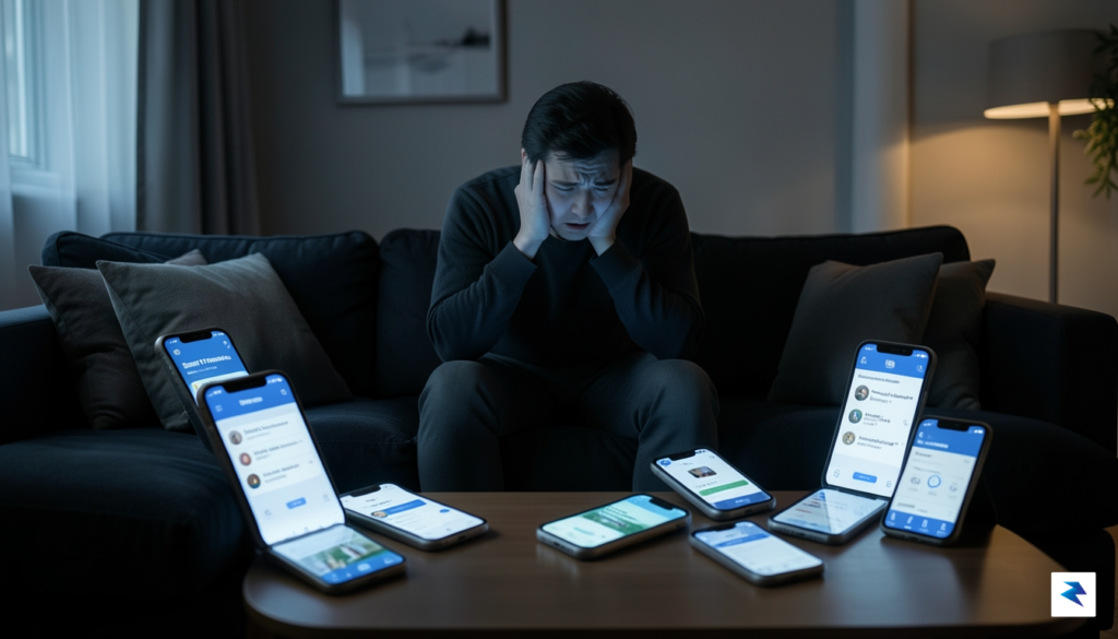 A conceptual, high-quality photograph of a frustrated person sitting on…
