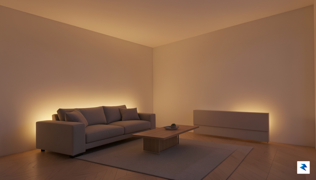 A conceptual interior living space at dusk where the walls…