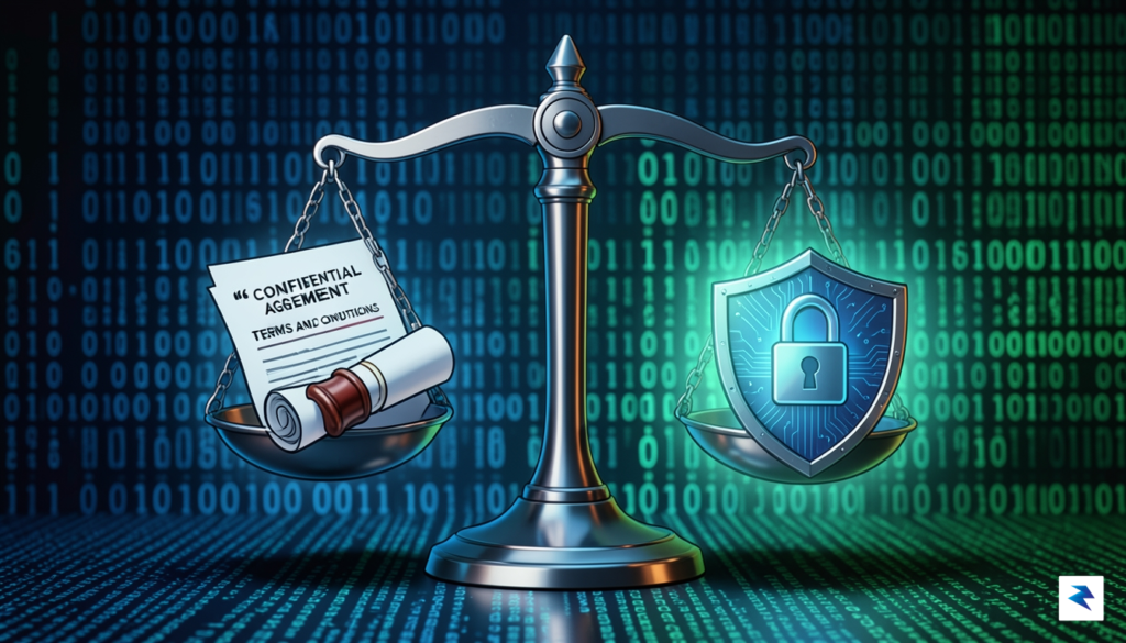 A digital illustration depicting a tense legal scales icon balancing…