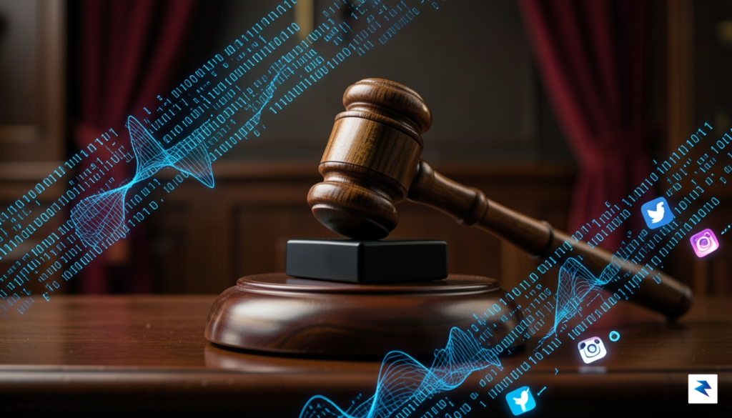 A gavel hitting a sound block with digital data streams…