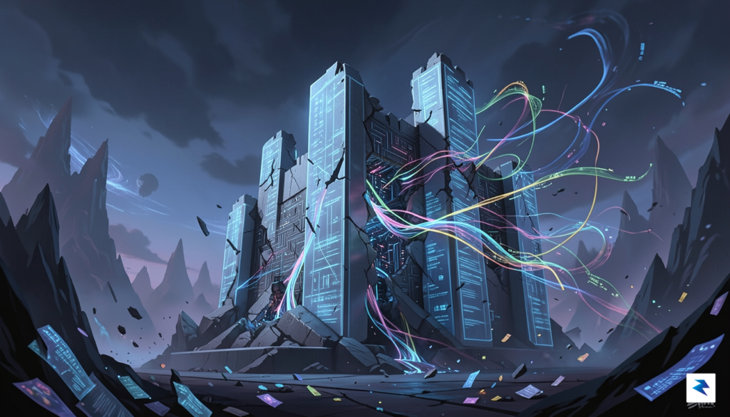 A conceptual illustration showing a digital fortress with broken walls…