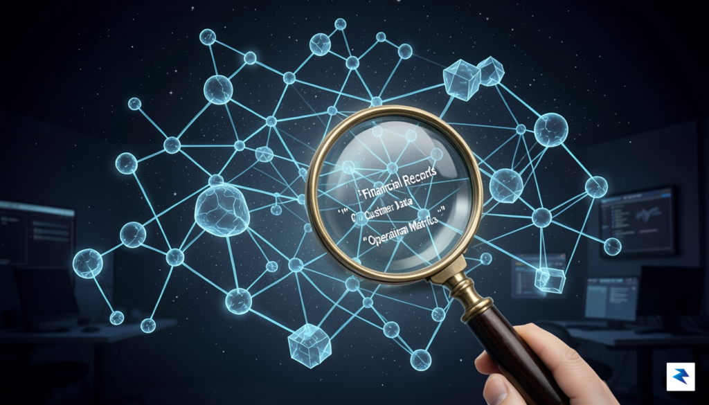 A digital illustration showing a complex web of data nodes…
