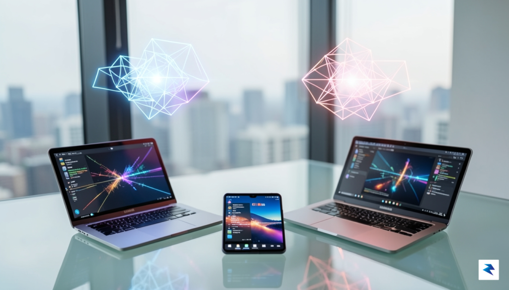 A conceptual, futuristic workspace showing a Samsung foldable phone wirelessly…