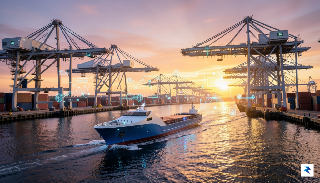 A wide-angle digital rendering of a sleek, autonomous cargo vessel…
