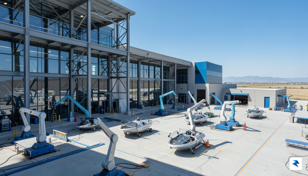 A modern, high-tech shipyard facility in Texas featuring robotic assembly…