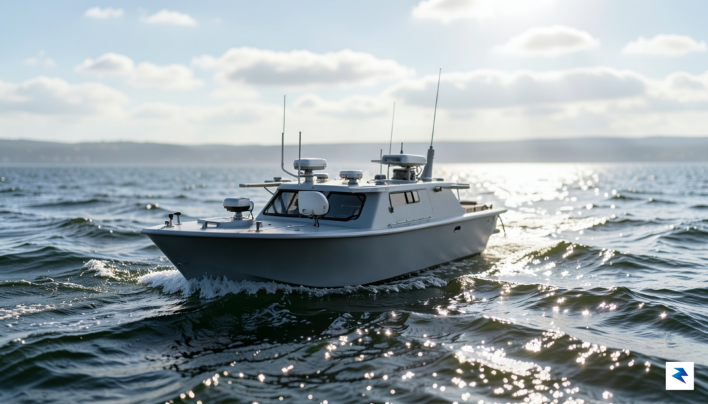 An autonomous gray-hulled drone boat navigating through choppy, sun-dappled coastal…