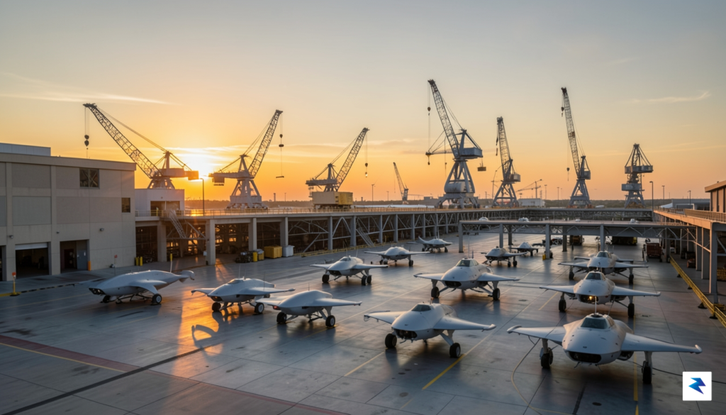 A wide-angle, cinematic shot of a modern, high-tech shipyard facility…