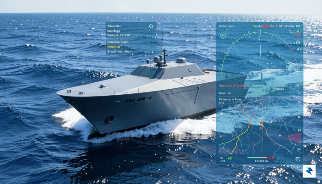 A sleek, stealth-gray autonomous surface vessel cutting through choppy blue…