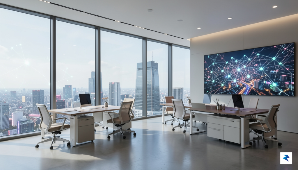 A modern, sleek office interior in Tokyo featuring digital glass&hellip;